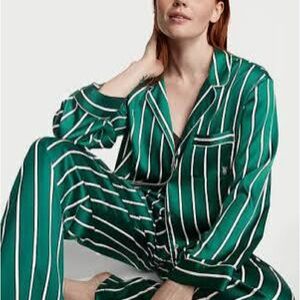 Victoria's Secret Satin Green Striped Pajama Set Size Medium